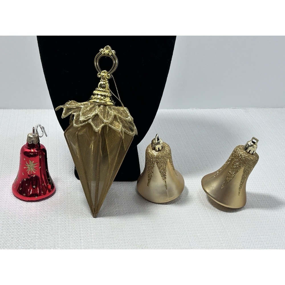 4 Vintage Christmas Holiday Tree Ornament - Gold Mesh Teardrop & Bells